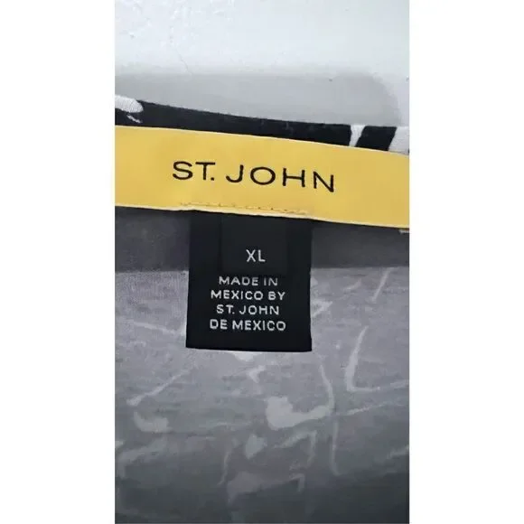 ST. JOHN PRINTED SCOOP NECK BLACK PRINT RHINESTONE NECKLINE TOP SZ XL - Picture 5 of 11